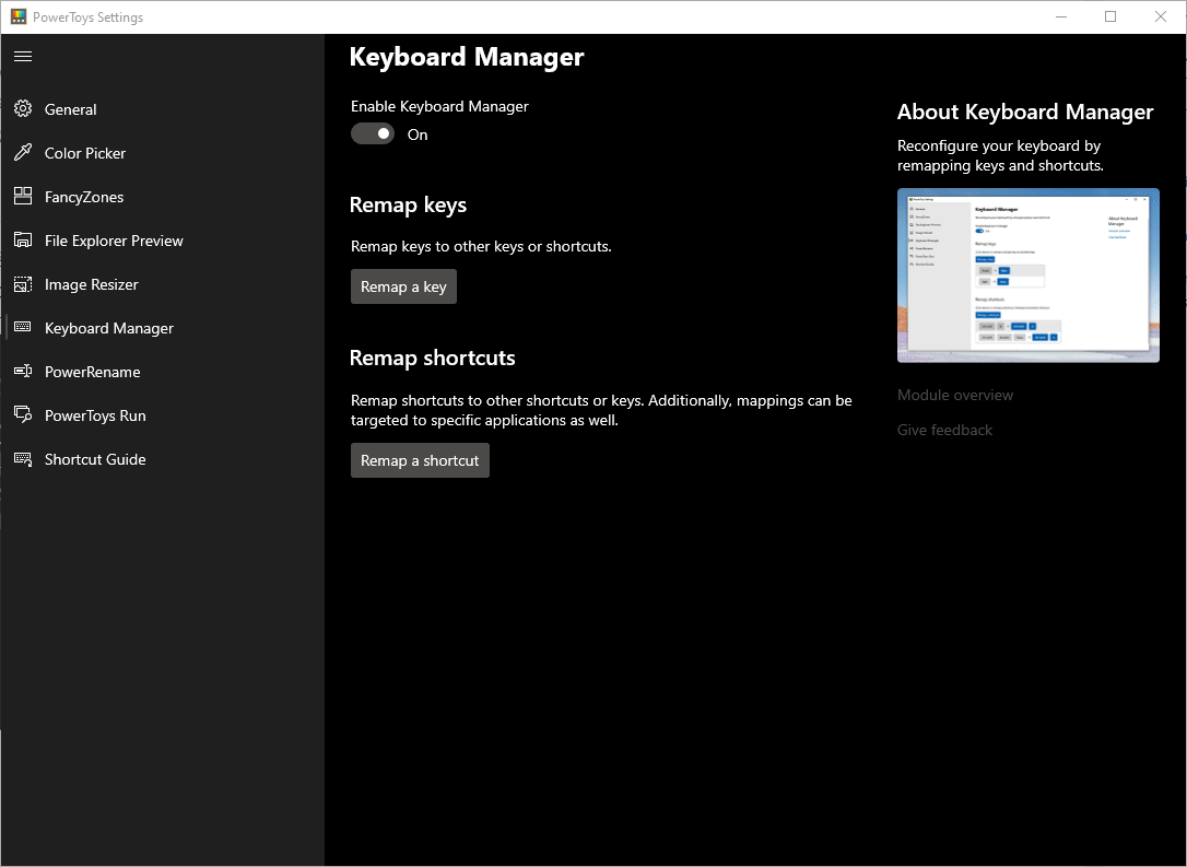 Screenshot of Microsoft Power Toys Keyboard Manager